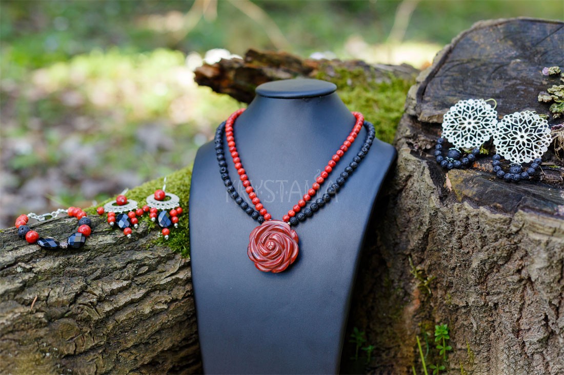 náhrdelník, náramok, náušnice, Rozkvet, červený jaspis, láva, červený koral